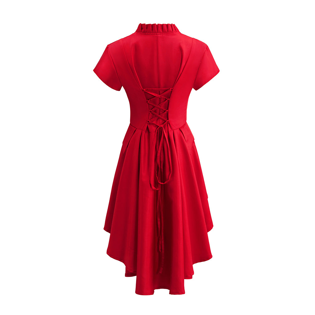 Victorian Red V Neck Short Sleeve Tiered Gown for Historical Reenactments Victorian Themed Events Costume Parties Halloween and Christmas