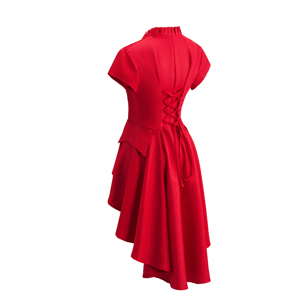 Victorian Red V Neck Short Sleeve Tiered Gown for Historical Reenactments Victorian Themed Events Costume Parties Halloween and Christmas