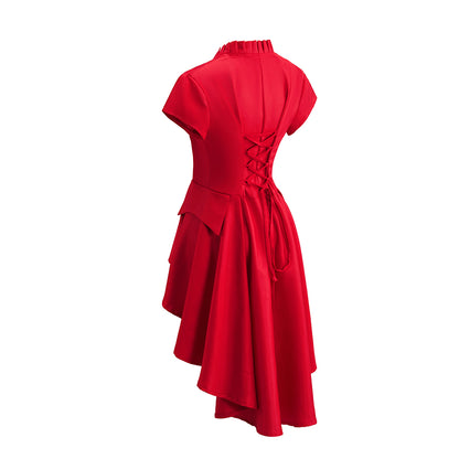Victorian Red V Neck Short Sleeve Tiered Gown for Historical Reenactments Victorian Themed Events Costume Parties Halloween and Christmas