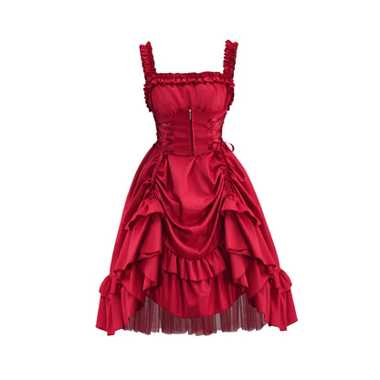 Victorian Red Strapless Ruffled Ball Gown for Historical Reenactments Victorian Themed Events Halloween and Christmas Celebrations