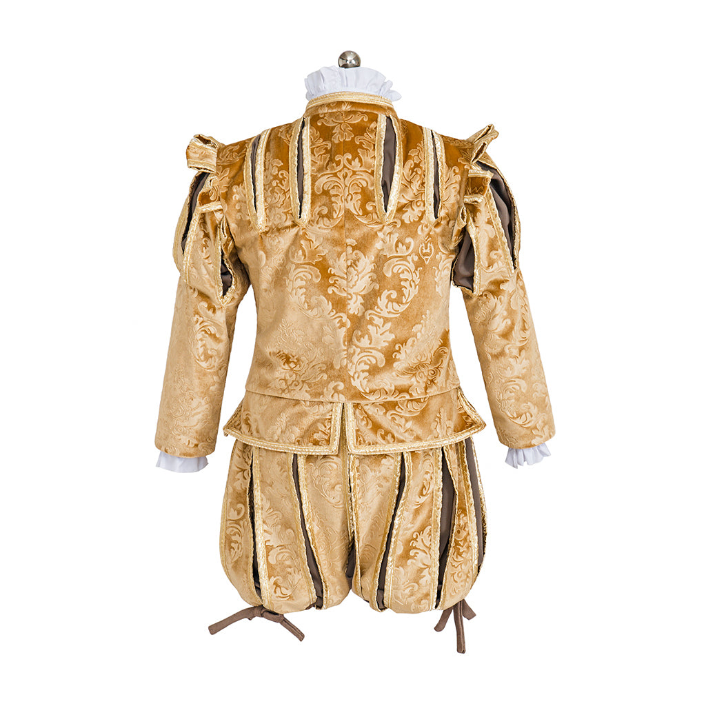 Medieval Style Gold Velvet Ornate Noble Ensemble with Caped Shoulder, Embroidered Detailing and Matching Hat for Historical Halloween Christmas