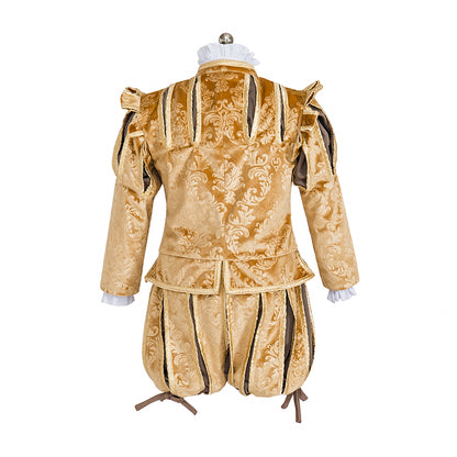 Medieval Style Gold Velvet Ornate Noble Ensemble with Caped Shoulder, Embroidered Detailing and Matching Hat for Historical Halloween Christmas