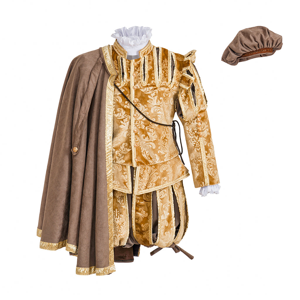 Medieval Style Gold Velvet Ornate Noble Ensemble with Caped Shoulder, Embroidered Detailing and Matching Hat for Historical Halloween Christmas