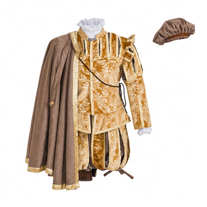 Medieval Style Gold Velvet Ornate Noble Ensemble with Caped Shoulder, Embroidered Detailing and Matching Hat for Historical Halloween Christmas