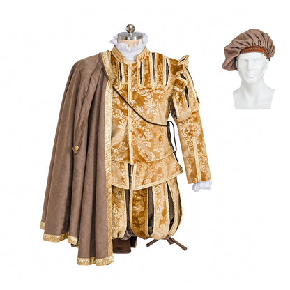Medieval Style Gold Velvet Ornate Noble Ensemble with Caped Shoulder, Embroidered Detailing and Matching Hat for Historical Halloween Christmas