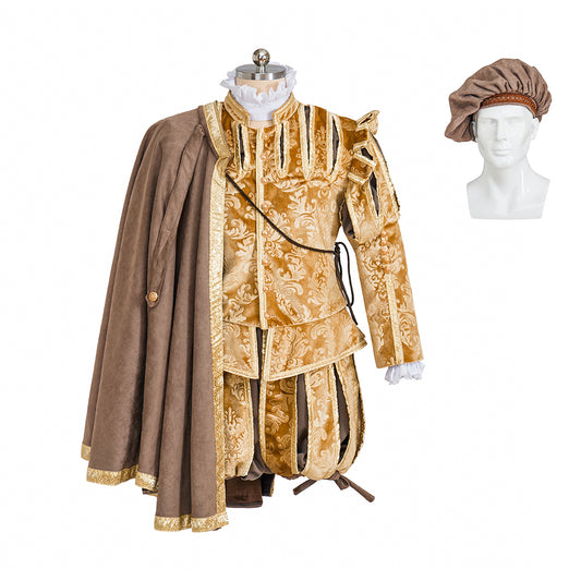 Medieval Style Gold Velvet Ornate Noble Ensemble with Caped Shoulder, Embroidered Detailing and Matching Hat for Historical Halloween Christmas