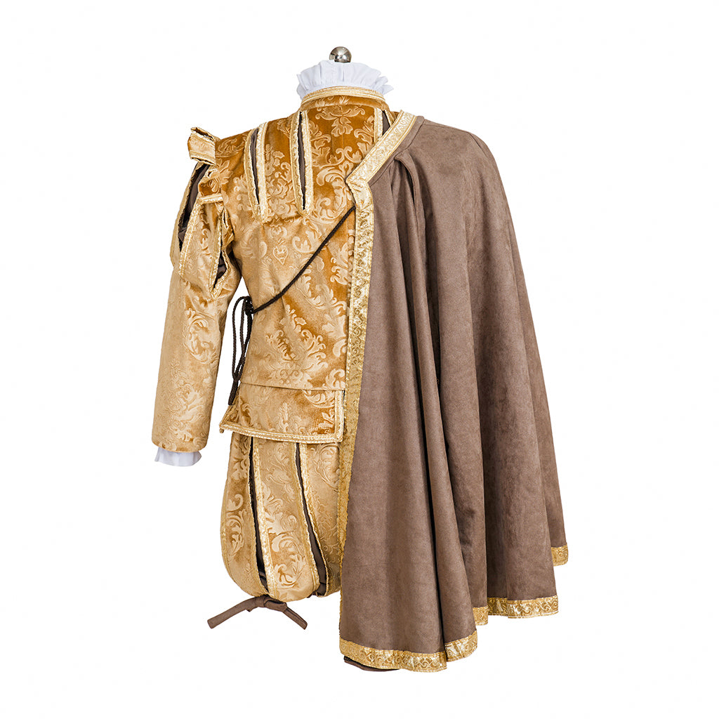 Medieval Style Gold Velvet Ornate Noble Ensemble with Caped Shoulder, Embroidered Detailing and Matching Hat for Historical Halloween Christmas
