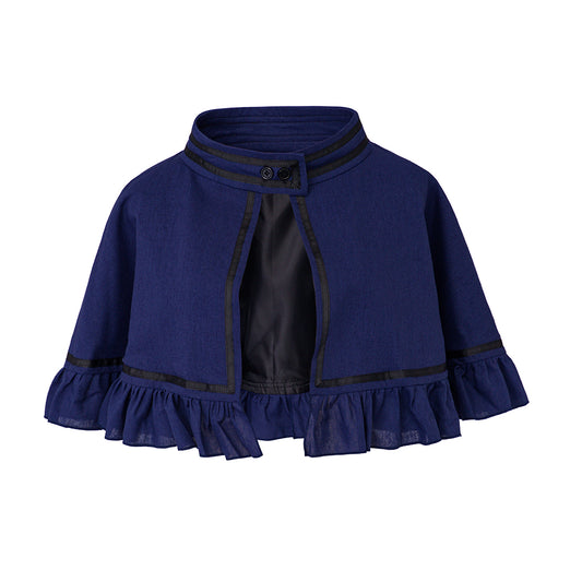Medieval Style Navy Blue Cropped Cloak with Mandarin Collar and Black Ruffled Trim for Historical Reenactments Cosplay Events Halloween Christmas