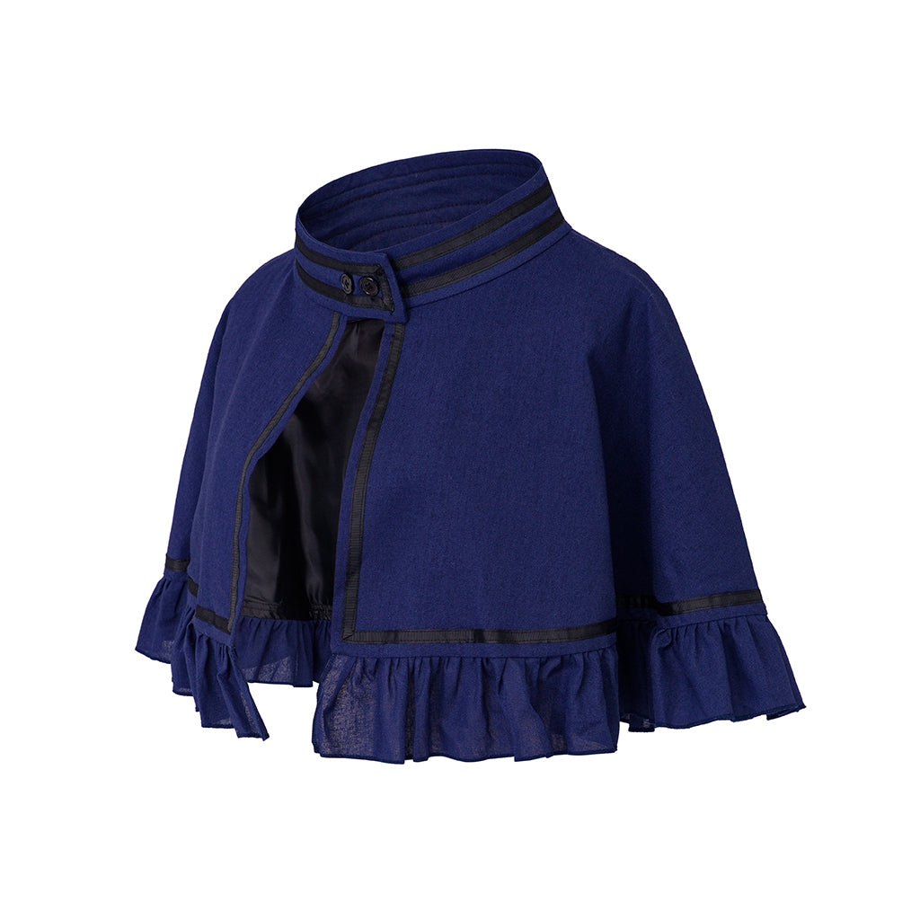 Medieval Style Navy Blue Cropped Cloak with Mandarin Collar and Black Ruffled Trim for Historical Reenactments Cosplay Events Halloween Christmas