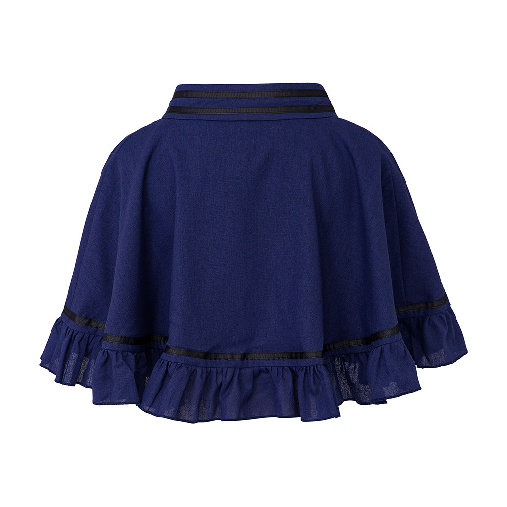 Medieval Style Navy Blue Cropped Cloak with Mandarin Collar and Black Ruffled Trim for Historical Reenactments Cosplay Events Halloween Christmas