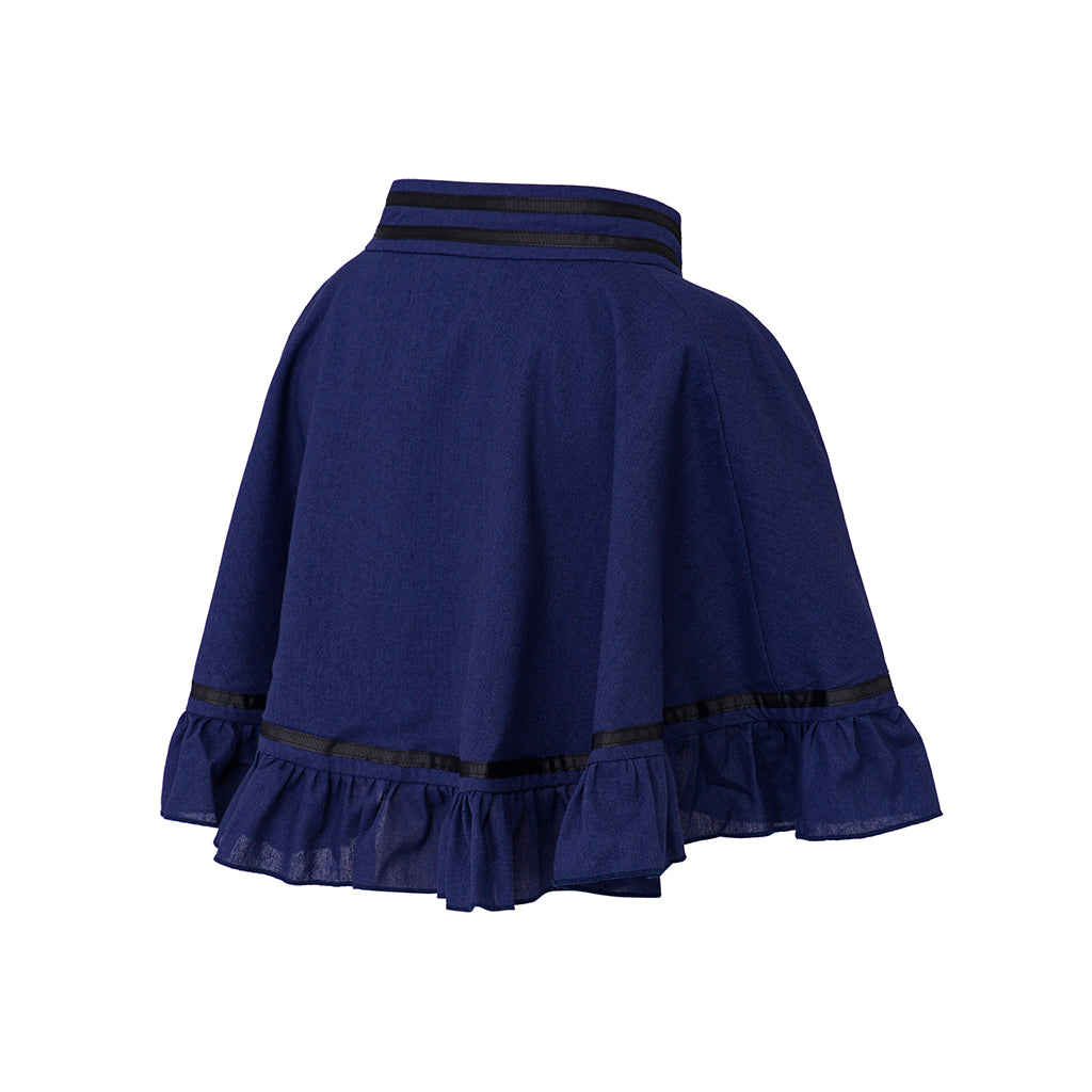 Medieval Style Navy Blue Cropped Cloak with Mandarin Collar and Black Ruffled Trim for Historical Reenactments Cosplay Events Halloween Christmas