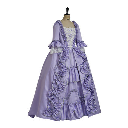 Rococo Style Lavender Gown with Tiered Ruffles and Puff Sleeves for Historical Reenactmentsl Court Themed Gatherings Halloween Christmas