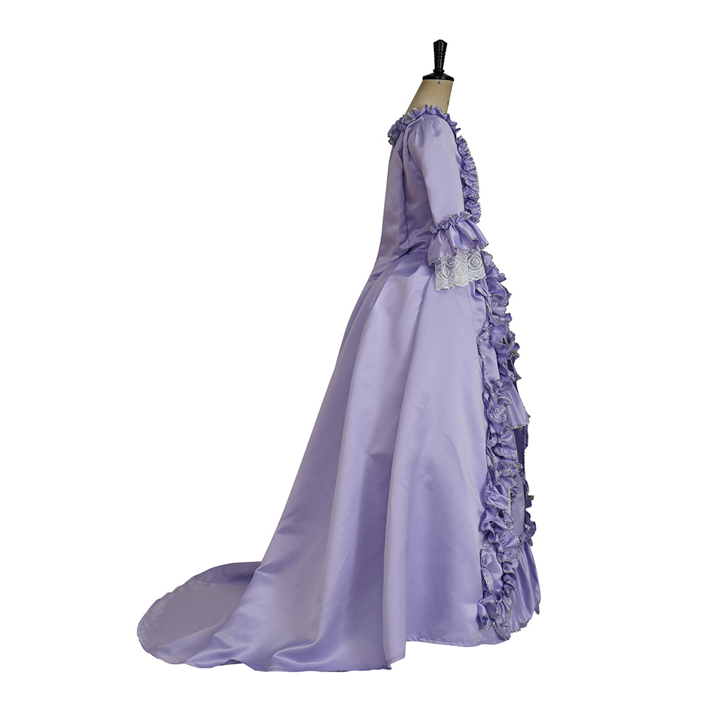 Rococo Style Lavender Gown with Tiered Ruffles and Puff Sleeves for Historical Reenactmentsl Court Themed Gatherings Halloween Christmas