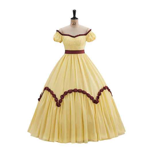 Victorian Yellow Off Shoulder Brown Trimmed for Historical Reenactments Victorian Themed Events Halloween and Christmas Celebrations