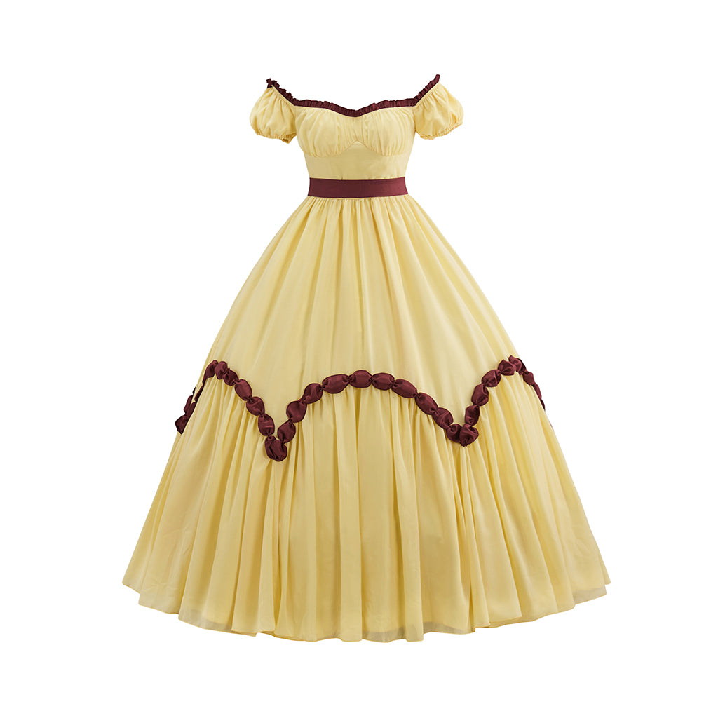 Victorian Yellow Off Shoulder Brown Trimmed for Historical Reenactments Victorian Themed Events Halloween and Christmas Celebrations