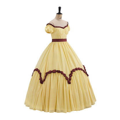 Victorian Yellow Off Shoulder Brown Trimmed for Historical Reenactments Victorian Themed Events Halloween and Christmas Celebrations