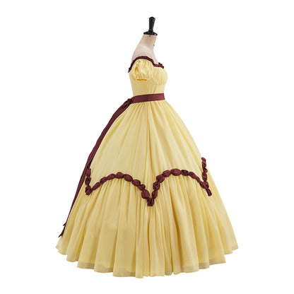 Victorian Yellow Off Shoulder Brown Trimmed for Historical Reenactments Victorian Themed Events Halloween and Christmas Celebrations