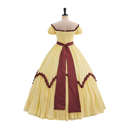 Victorian Yellow Off Shoulder Brown Trimmed for Historical Reenactments Victorian Themed Events Halloween and Christmas Celebrations