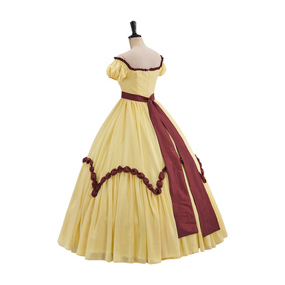 Victorian Yellow Off Shoulder Brown Trimmed for Historical Reenactments Victorian Themed Events Halloween and Christmas Celebrations