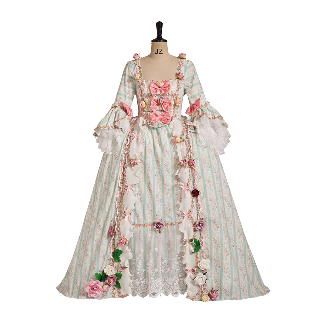 Rococo Style Pastel Striped Gown with Floral Embellishments for Historical Reenactments Royal Court Themed Gatherings Halloween Christmas