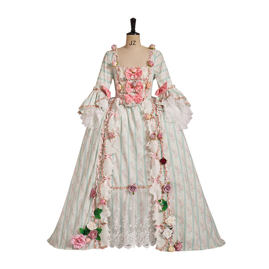 Rococo Style Pastel Striped Gown with Floral Embellishments for Historical Reenactments Royal Court Themed Gatherings Halloween Christmas