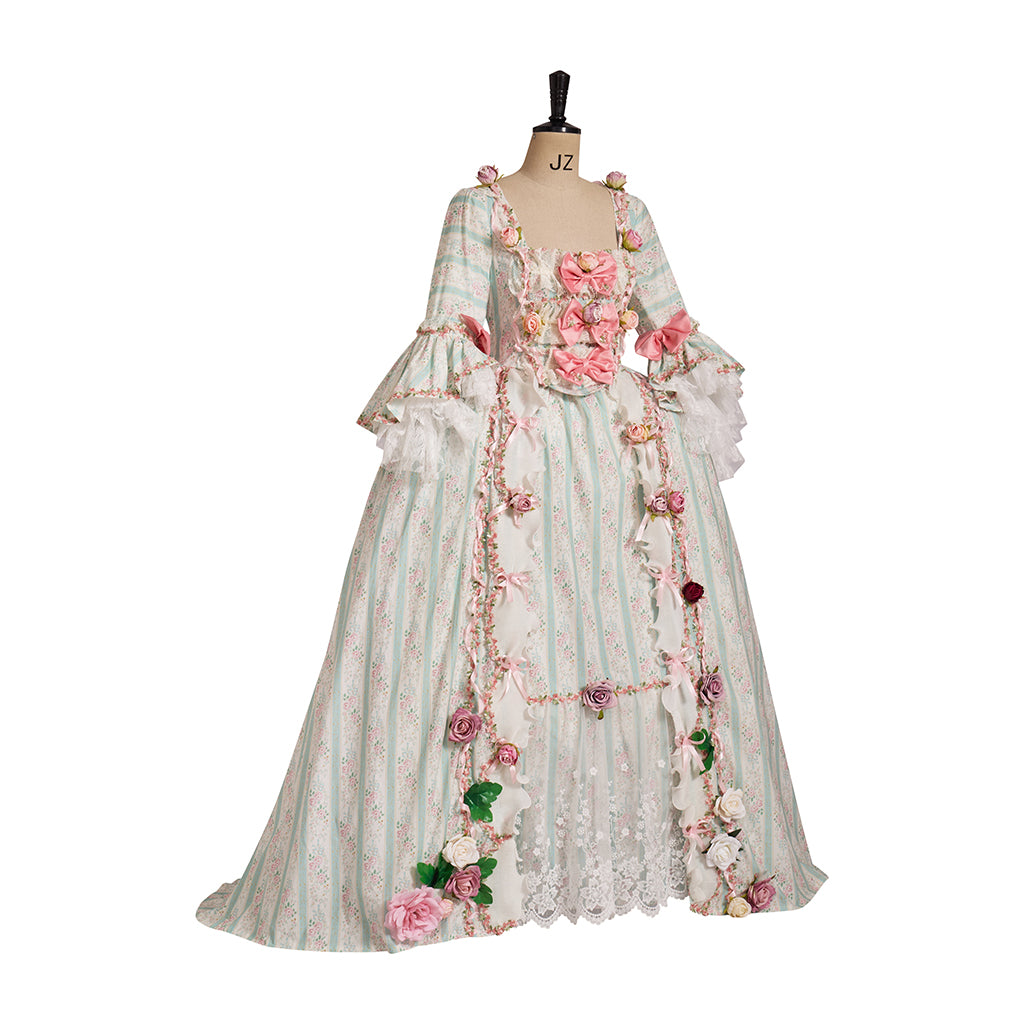 Rococo Style Pastel Striped Gown with Floral Embellishments for Historical Reenactments Royal Court Themed Gatherings Halloween Christmas
