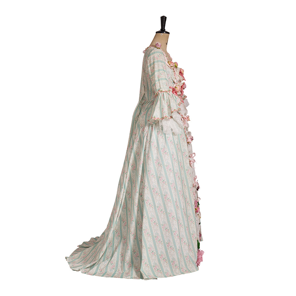 Rococo Style Pastel Striped Gown with Floral Embellishments for Historical Reenactments Royal Court Themed Gatherings Halloween Christmas