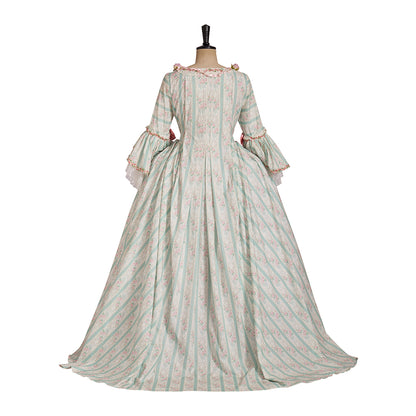 Rococo Style Pastel Striped Gown with Floral Embellishments for Historical Reenactments Royal Court Themed Gatherings Halloween Christmas