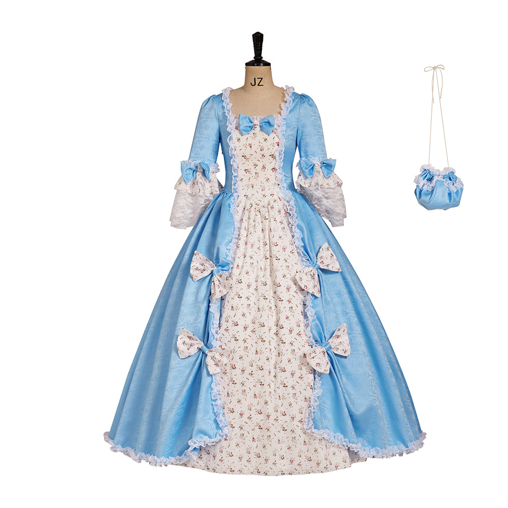 Rococo Style Pale Blue and White Gown with Bow Embellishments and Matching Bag for Historical Reenactments Halloween Christmas