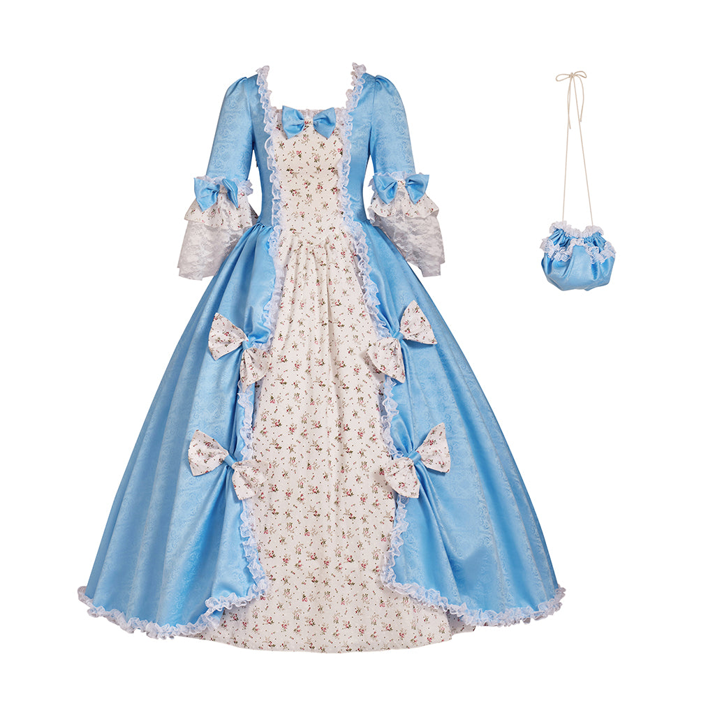 Rococo Style Pale Blue and White Gown with Bow Embellishments and Matching Bag for Historical Reenactments Halloween Christmas