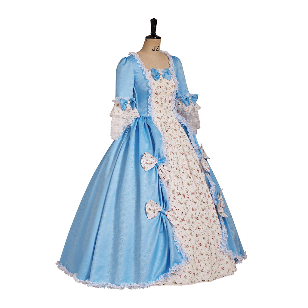 Rococo Style Pale Blue and White Gown with Bow Embellishments and Matching Bag for Historical Reenactments Halloween Christmas