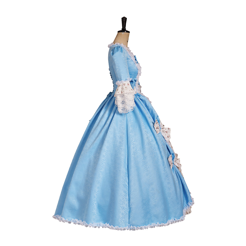 Rococo Style Pale Blue and White Gown with Bow Embellishments and Matching Bag for Historical Reenactments Halloween Christmas