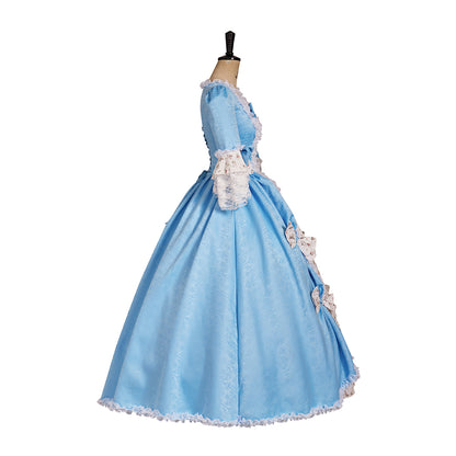 Rococo Style Pale Blue and White Gown with Bow Embellishments and Matching Bag for Historical Reenactments Halloween Christmas