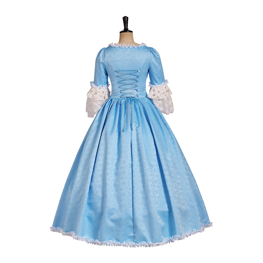 Rococo Style Pale Blue and White Gown with Bow Embellishments and Matching Bag for Historical Reenactments Halloween Christmas