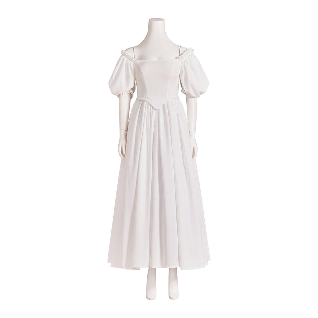 Medieval Style Off-shoulder Puff-sleeved White Maxi Dress for Historical Reenactments Medieval Themed Gatherings Halloween Christmas