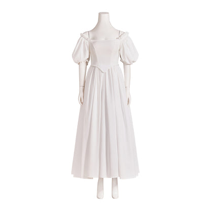 Medieval Style Off-shoulder Puff-sleeved White Maxi Dress for Historical Reenactments Medieval Themed Gatherings Halloween Christmas