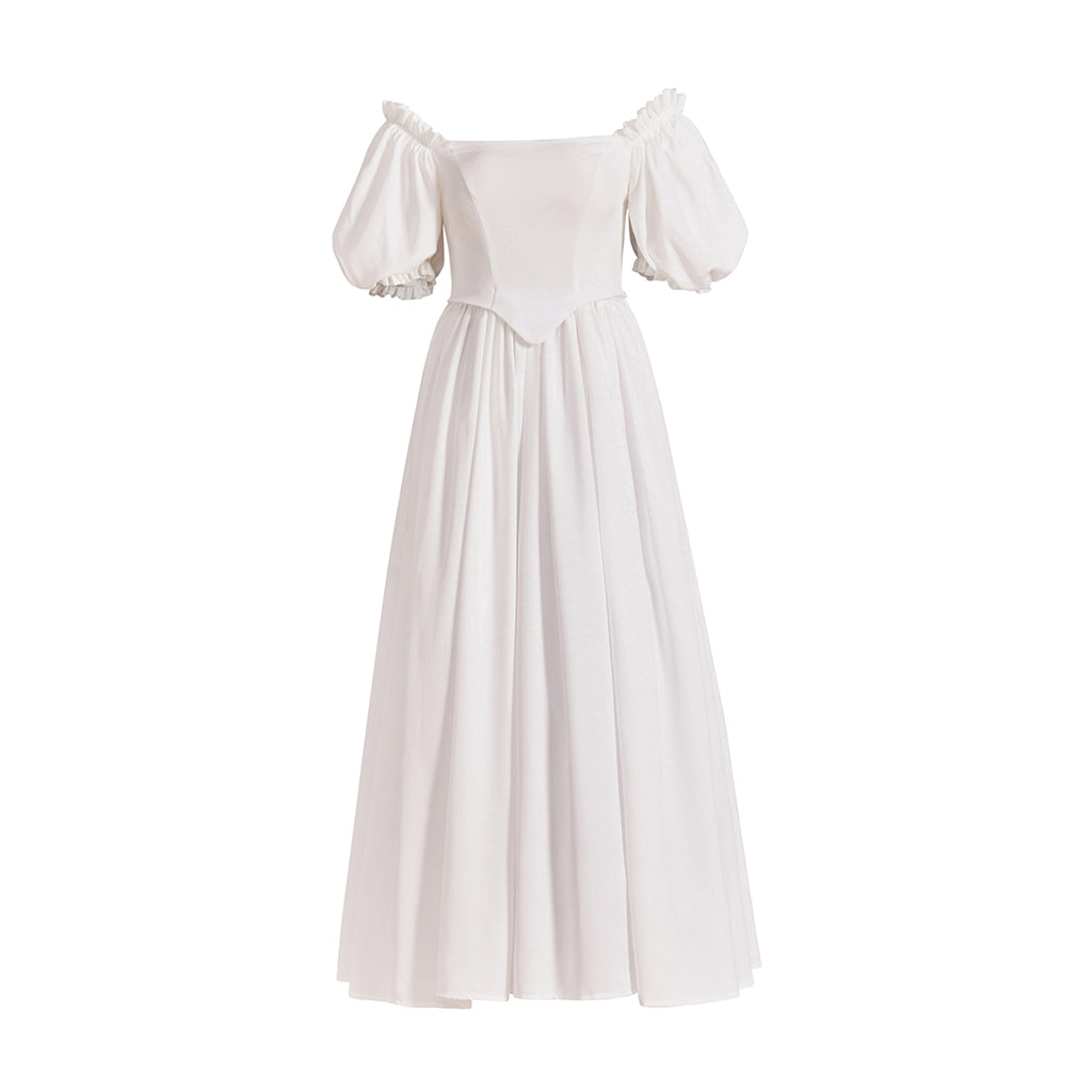 Medieval Style Off-shoulder Puff-sleeved White Maxi Dress for Historical Reenactments Medieval Themed Gatherings Halloween Christmas