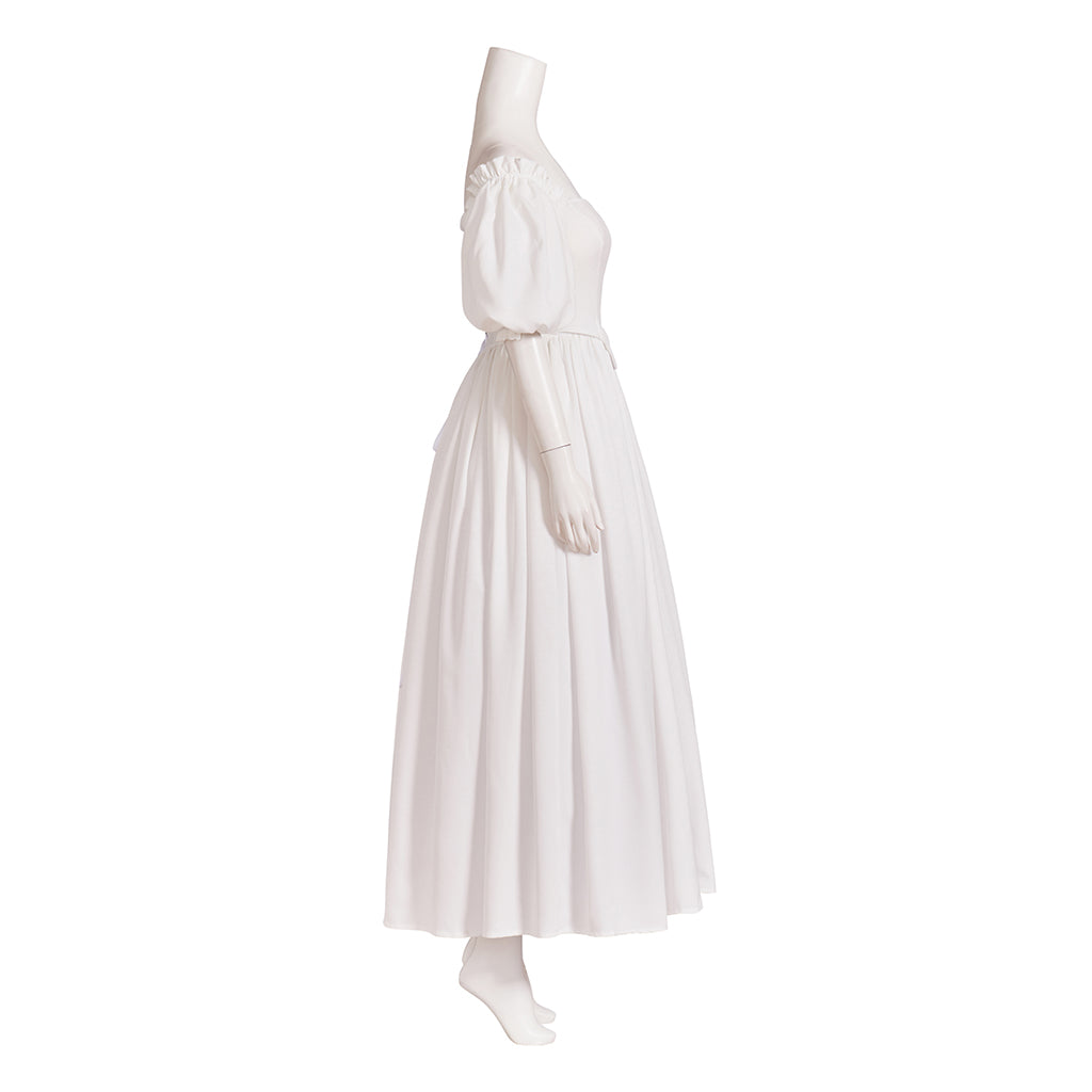Medieval Style Off-shoulder Puff-sleeved White Maxi Dress for Historical Reenactments Medieval Themed Gatherings Halloween Christmas