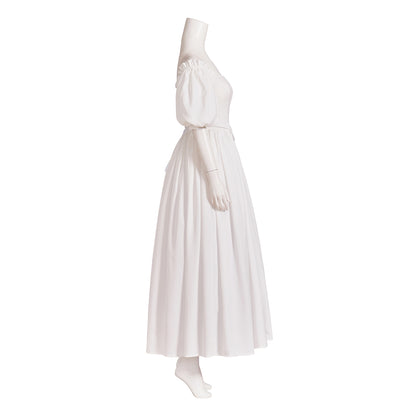 Medieval Style Off-shoulder Puff-sleeved White Maxi Dress for Historical Reenactments Medieval Themed Gatherings Halloween Christmas