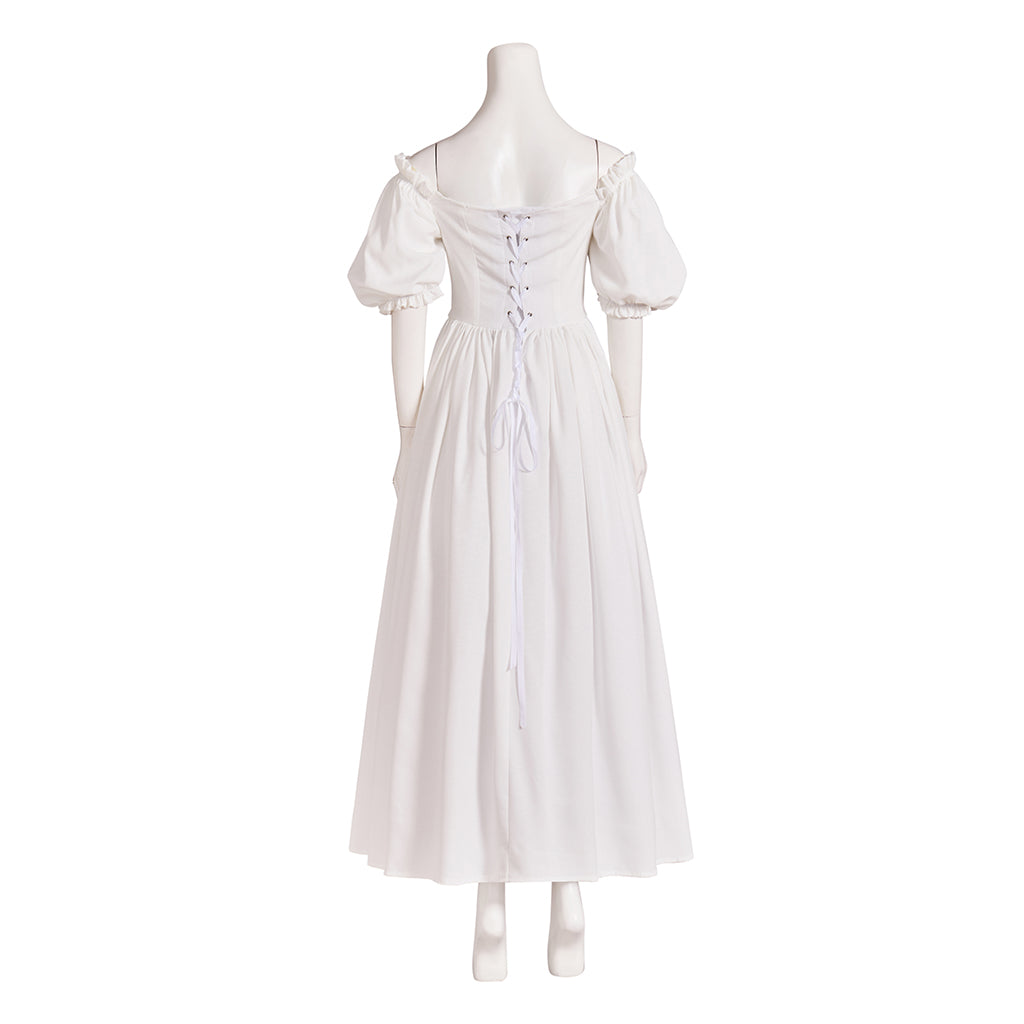 Medieval Style Off-shoulder Puff-sleeved White Maxi Dress for Historical Reenactments Medieval Themed Gatherings Halloween Christmas
