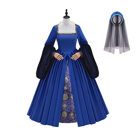 Medieval Victorian Blue Ruffled Noble Gown for Historical Reenactments Renaissance Halloween and Christmas