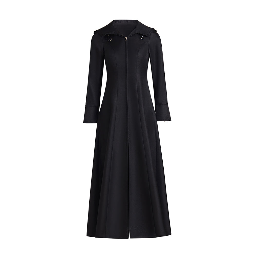 Medieval Style Black Long Sleeved Tailored Coat with Shirt Collar and Floor Length Design for Historical Reenactments Halloween Christmas
