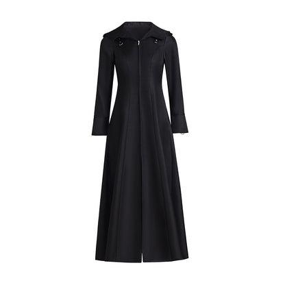 Medieval Style Black Long Sleeved Tailored Coat with Shirt Collar and Floor Length Design for Historical Reenactments Halloween Christmas