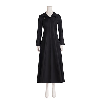 Medieval Style Black Long Sleeved Tailored Coat with Shirt Collar and Floor Length Design for Historical Reenactments Halloween Christmas