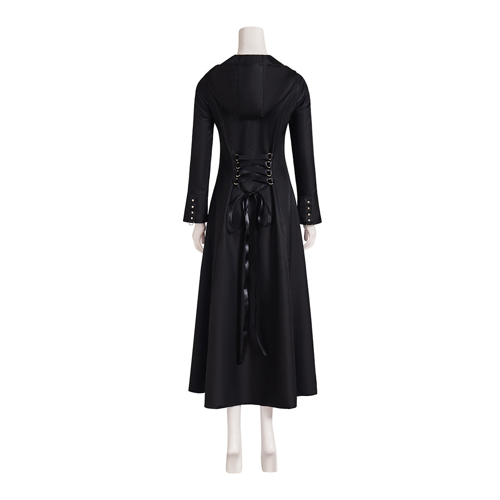 Medieval Style Black Long Sleeved Tailored Coat with Shirt Collar and Floor Length Design for Historical Reenactments Halloween Christmas