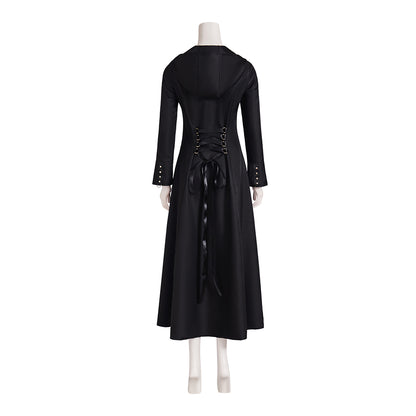 Medieval Style Black Long Sleeved Tailored Coat with Shirt Collar and Floor Length Design for Historical Reenactments Halloween Christmas