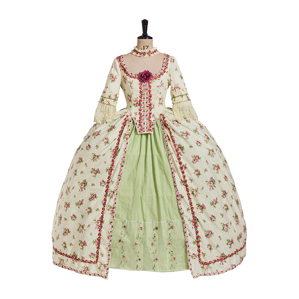 Rococo Style Floral Embroidered Elegant Ladies Gown with Corset Bodice and Full Skirt for Historical Reenactments Halloween Christmas