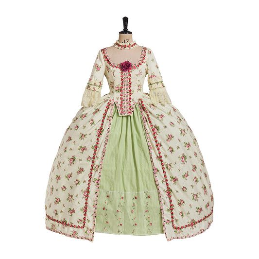 Rococo Style Floral Embroidered Elegant Ladies Gown with Corset Bodice and Full Skirt for Historical Reenactments Halloween Christmas