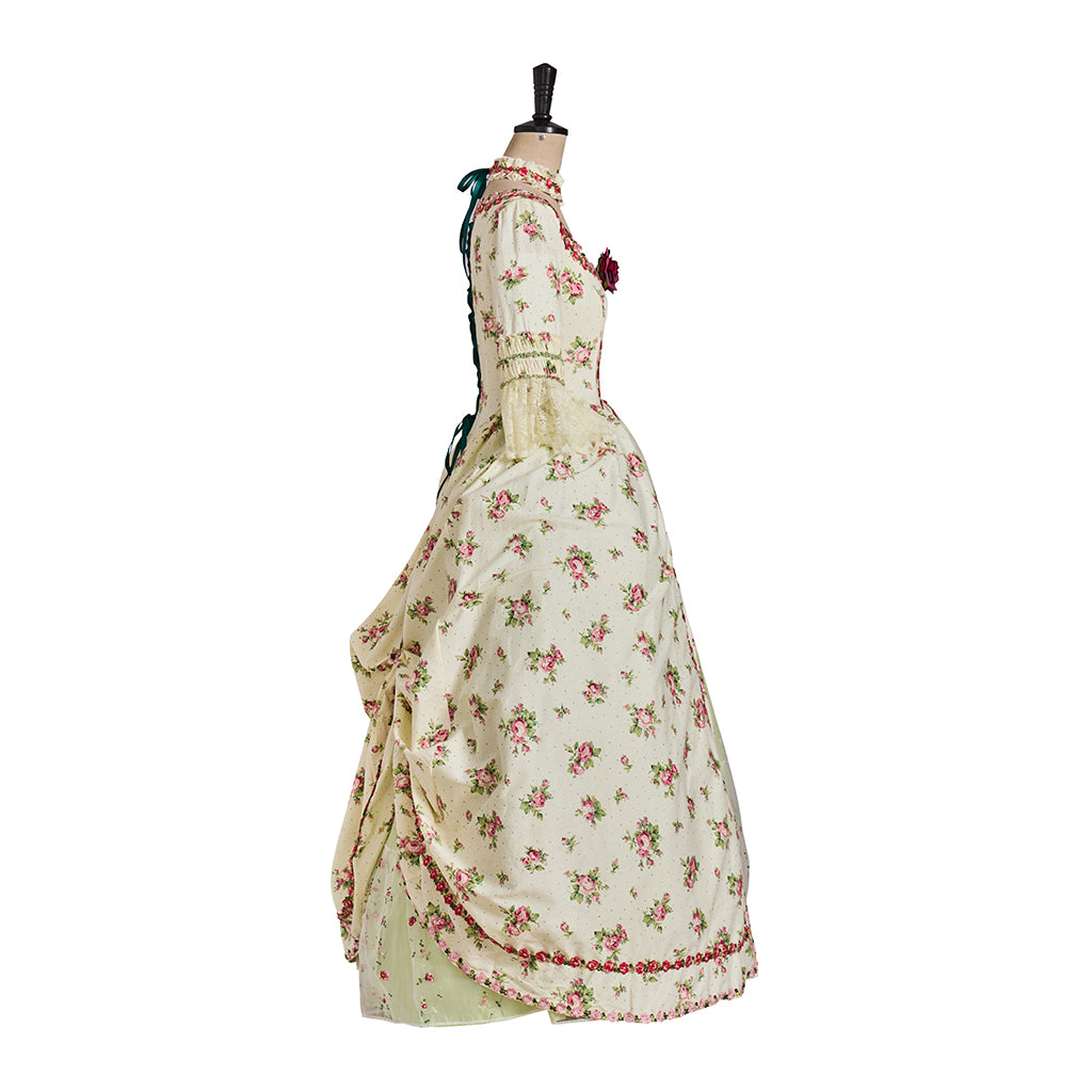 Rococo Style Floral Embroidered Elegant Ladies Gown with Corset Bodice and Full Skirt for Historical Reenactments Halloween Christmas