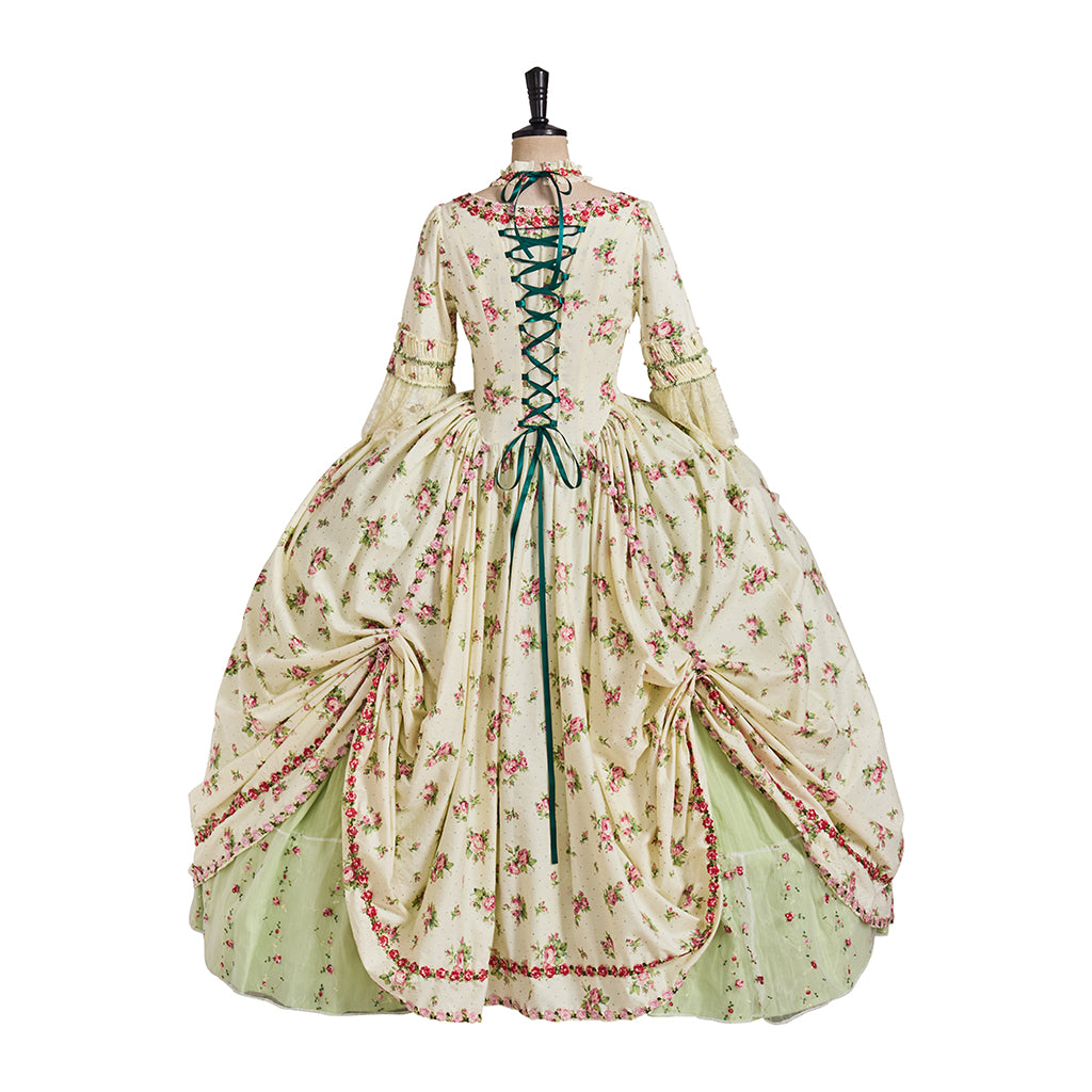 Rococo Style Floral Embroidered Elegant Ladies Gown with Corset Bodice and Full Skirt for Historical Reenactments Halloween Christmas